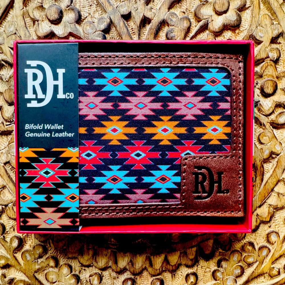 Red Dirt Hat Co Bifold Wallet Leather Southwest Aztec Canvas Inlay NIB